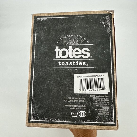 New TOTES Toasties Men's MEMORY FOAM SLIPPERS Brown Plaid Trim LARGE 9-10 Comfy - Picture 5 of 5